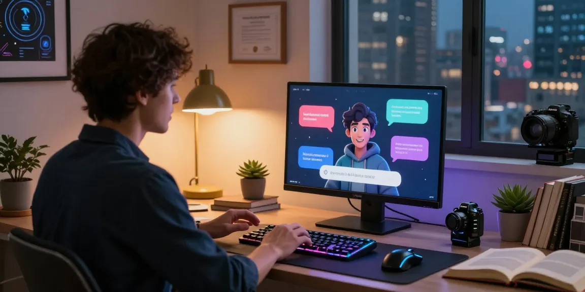User engaged in ai chat nsfw with vibrant animated character in a modern home office setting, showcasing innovative technology.
