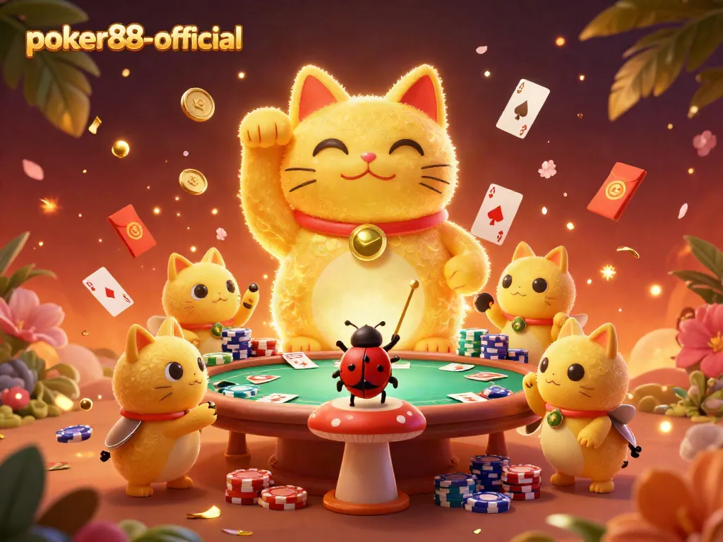 Experience poker play with the lively 3D illustration featuring poker88-official's lucky cat and vibrant casino elements.