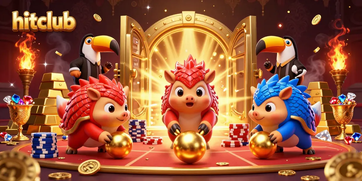 Engage in thrilling slots action at hitclub with cartoon pangolins amidst shining treasures.