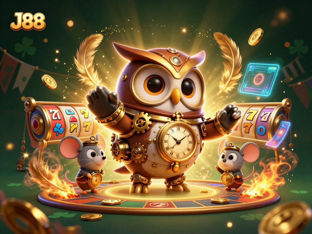 Experience thrilling gameplay at J88 with a vibrant scene showcasing a steampunk owl and casino elements.