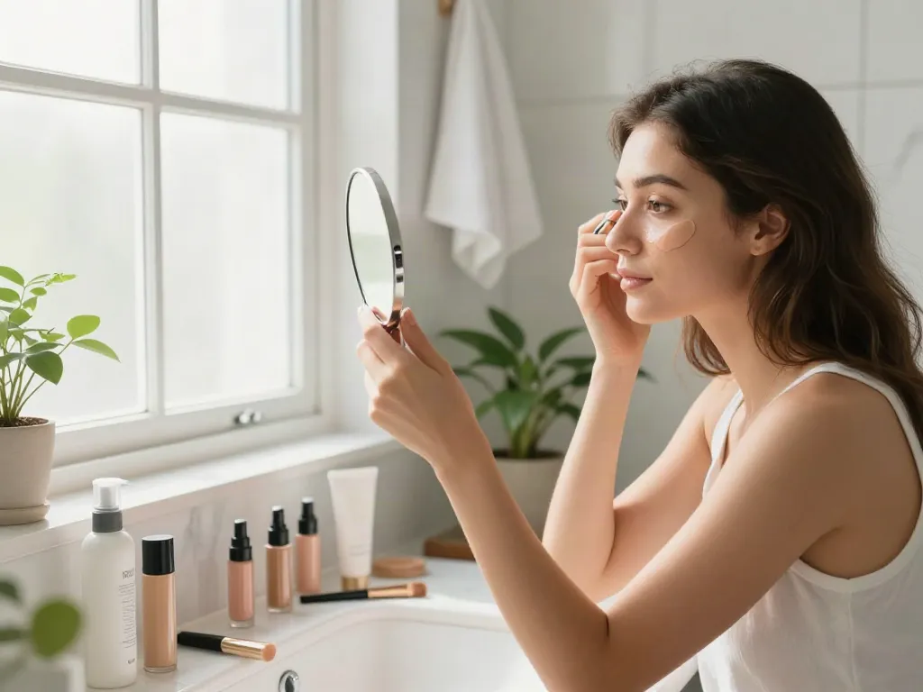 Augenringe abdecken mit Concealer in modernem Badezimmer.