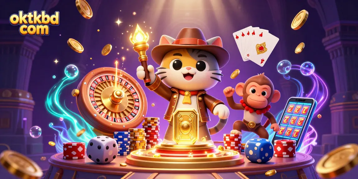 Engage with thrilling slots at oktkbd com featuring an archaeologist cat uncovering casino treasures amidst vibrant game elements.