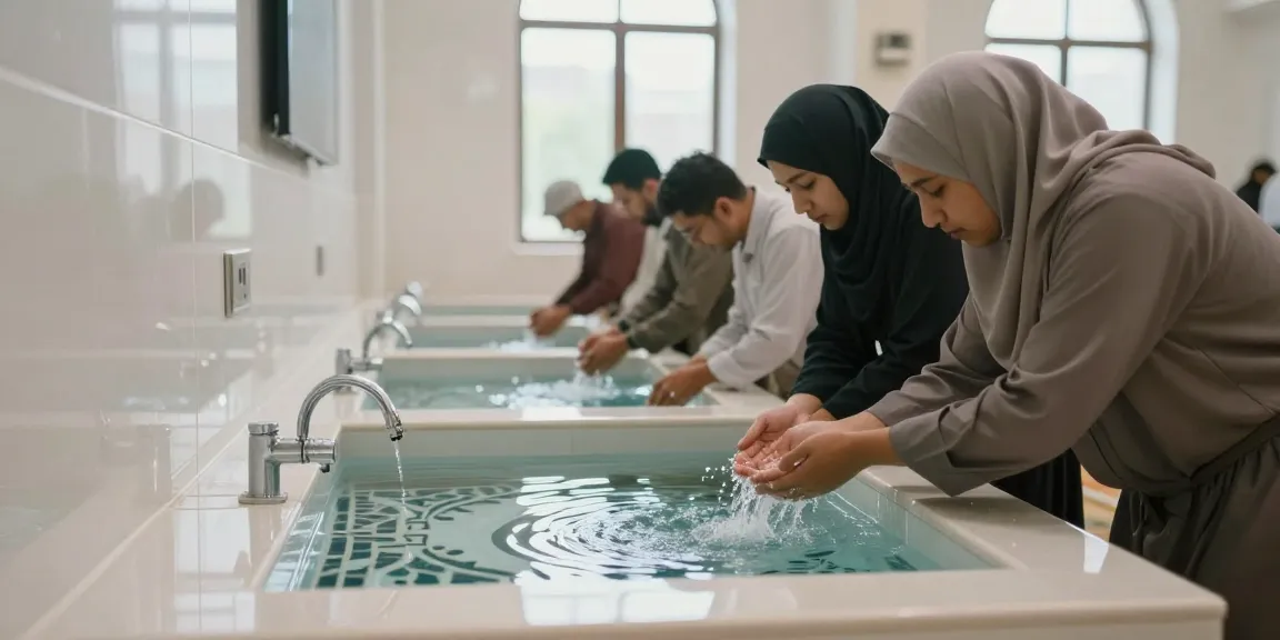 Ablution wash basin in a contemporary mosque with individuals preparing for prayer.