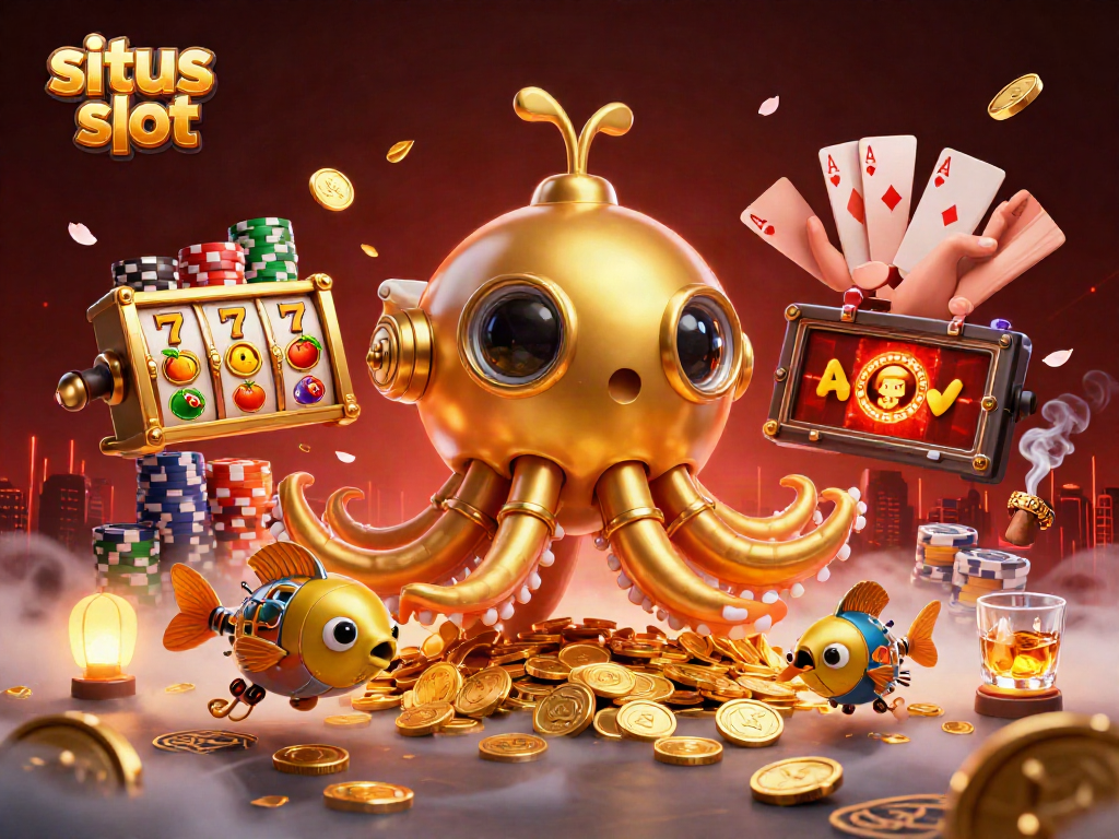 Spin the reels and win big with situs slot in this vibrant 3D casino scene.