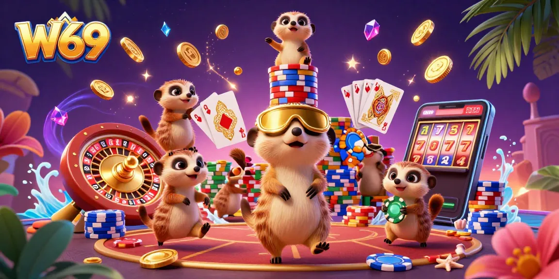 Experience exhilarating wins at W69 Casino with playful meerkats managing a vibrant gaming operation.