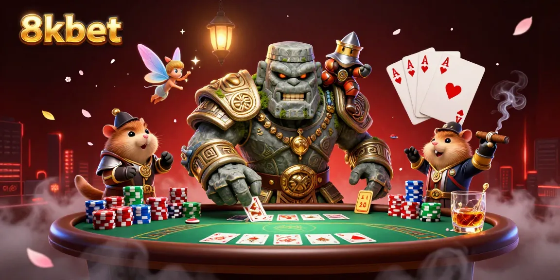 Engage in thrilling gambling as 8xbet's magical golem, fairy, and hamster knight create a vibrant casino scene.