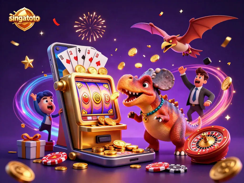singatoto celebrates wins with a pachycephalosaurus and casino elements in a vibrant scene