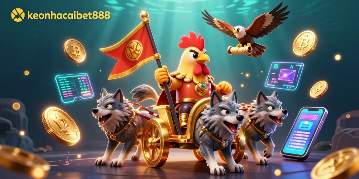 Join the action with keonhacaibet888 as the rooster warlord commands crypto treasures in an exciting casino adventure.