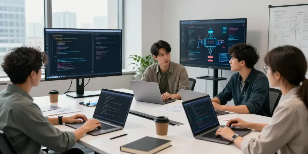 Collaborative team discussing Enterprise AI development in a modern workspace.