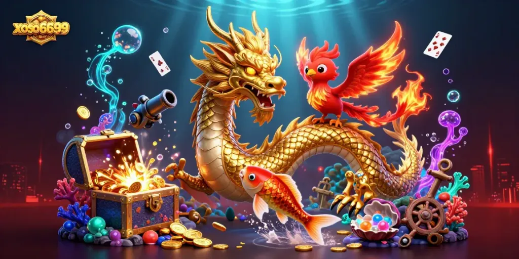 xoso66699 showcases an exhilarating scene with a golden dragon and phoenix amidst a treasure-filled underwater realm.