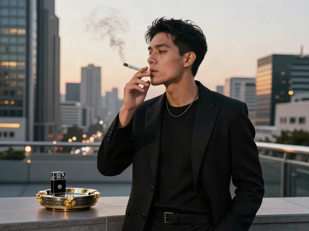 Elegant lifestyle image at https://rokok88hitam.com featuring a stylish smoker enjoying a premium cigarette in a sophisticated urban setting.