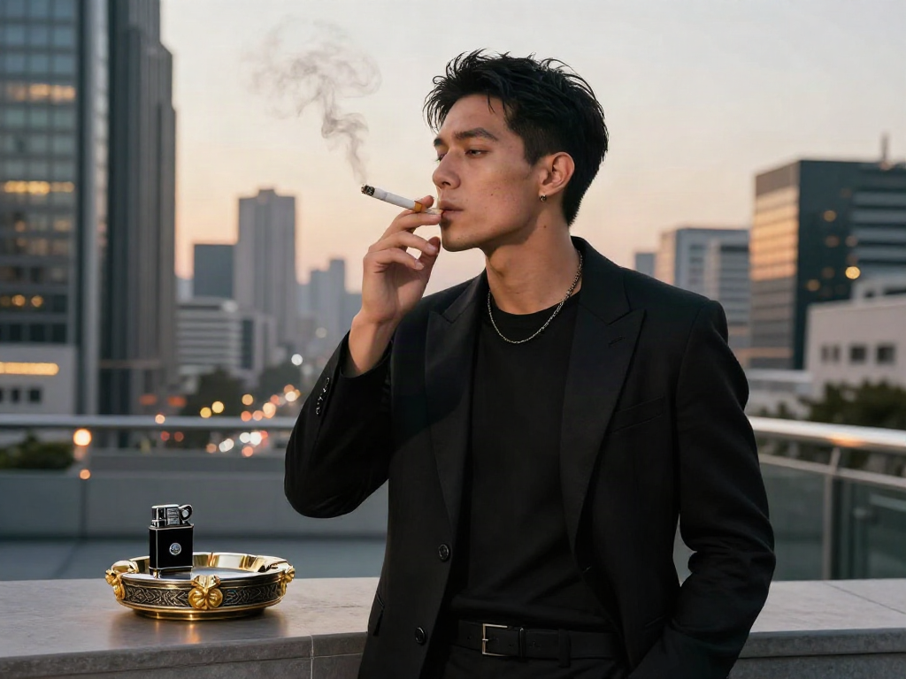 Elegant lifestyle image at https://rokok88hitam.com featuring a stylish smoker enjoying a premium cigarette in a sophisticated urban setting.