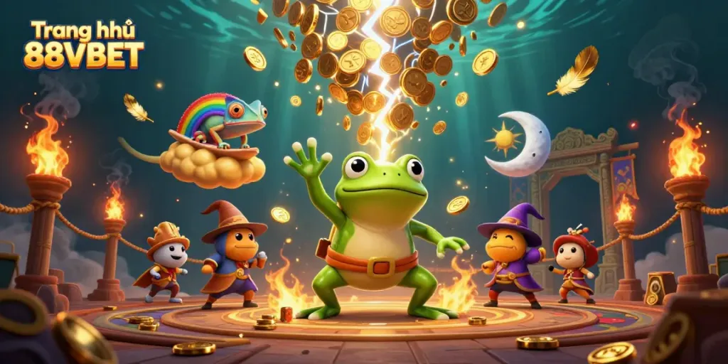Engage with the magic of Trang chủ 88VBET as the weather wizard frog conjures golden coins in a vibrant gaming realm.