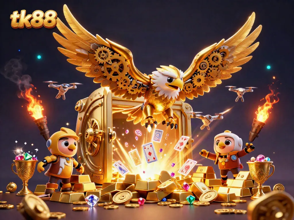 Experience excitement and winning strategies at tk88 with vibrant game elements and a dynamic golden eagle.