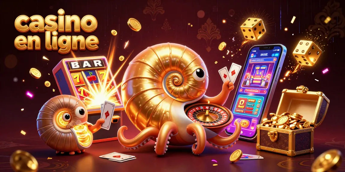 Découvrez l'univers captivant du casino en ligne avec un nautilus géant et des machines à sous éclatantes remplis de pièces d'or.