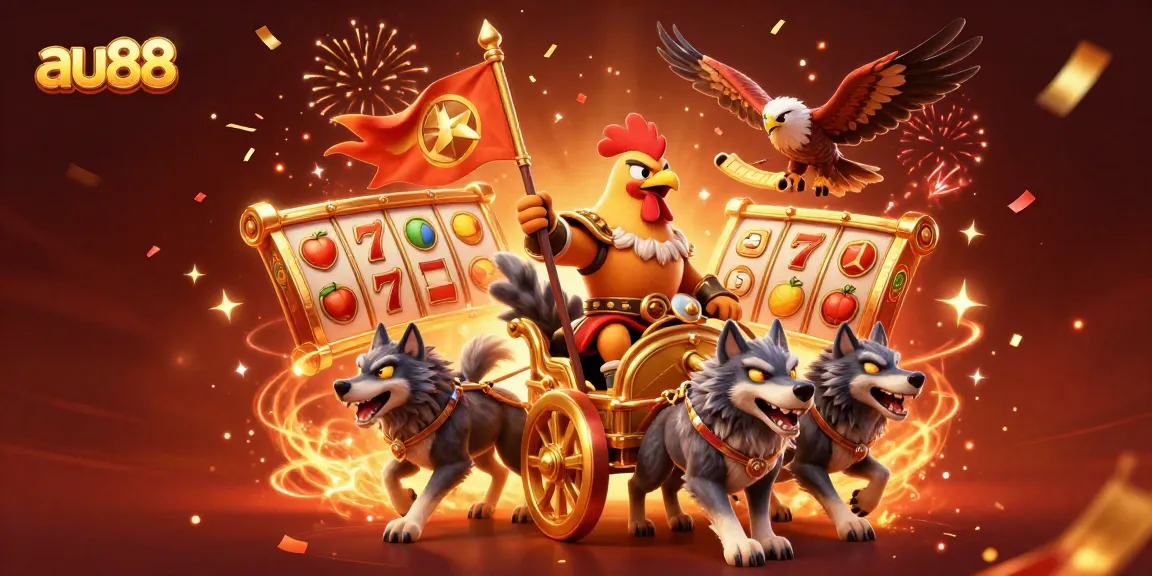Spin and win with au88's vibrant and dynamic casino concept, featuring a rooster warlord and gaming elements.