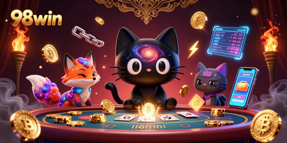 Play exciting games at 98win, featuring a cosmic casino scene with vibrant colors and interactive elements.
