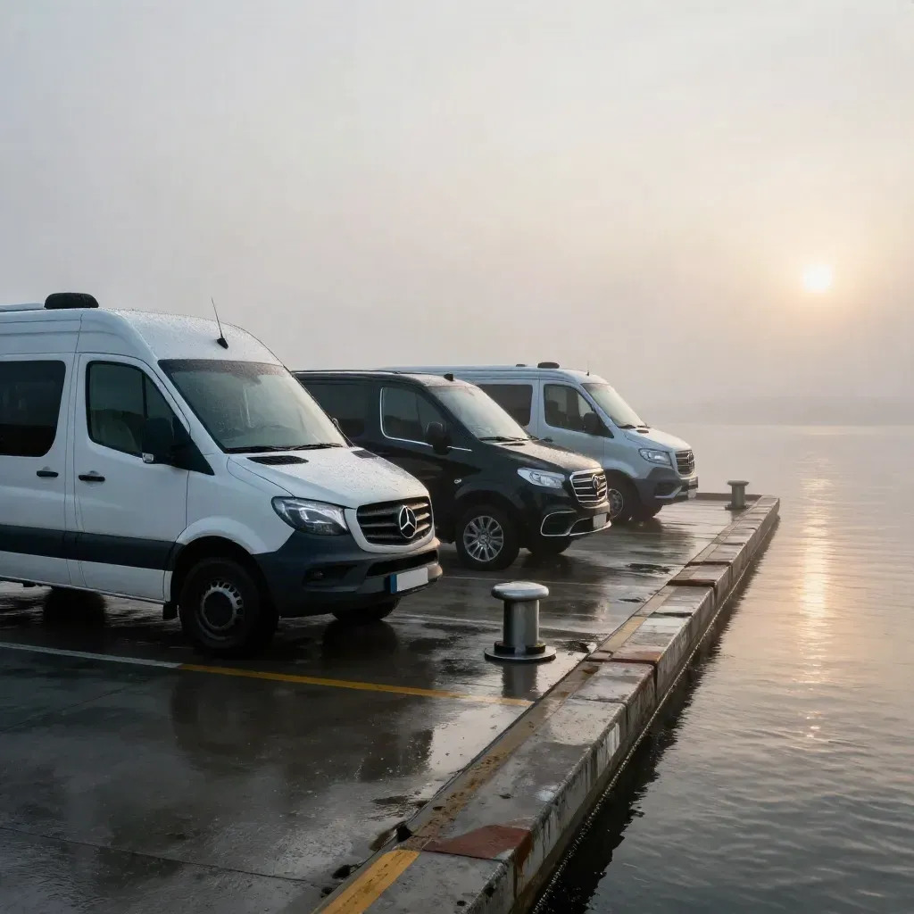 Three charter vehicles idle by a foggy marina at dawn on wet concrete.