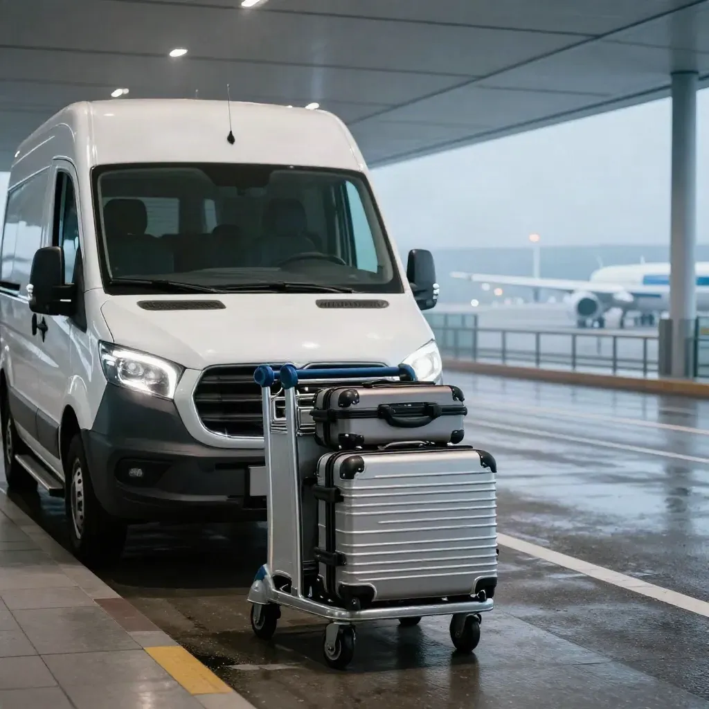 White airport shuttle beside curb with luggage cart and suitcases in pre-dawn light