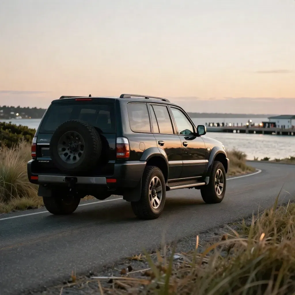 Black SUV convoy rounding a coastal causeway toward a waterfront drop-off at sunset.