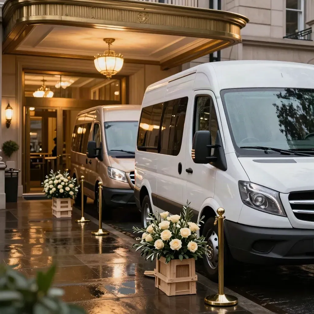 Two polished minibuses at a venue entrance with velvet ropes, floral crates, and wet dusk reflections.
