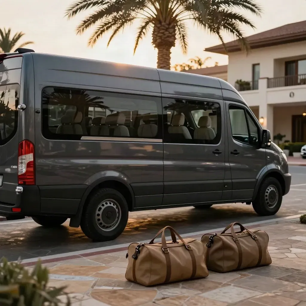 Charcoal shuttle van at a palm-lined hotel forecourt with duffels on warm stone paving.