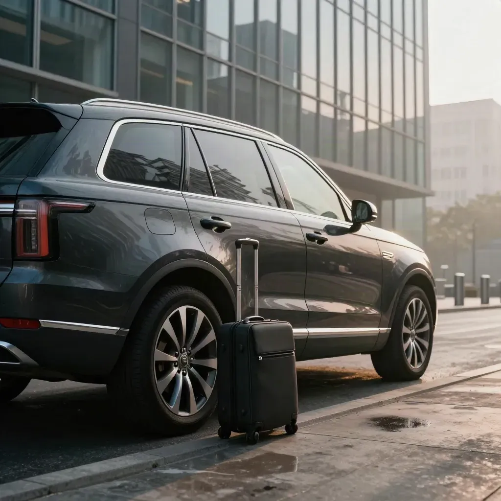 Dark executive SUV with carry-on beside a glass office tower at dawn