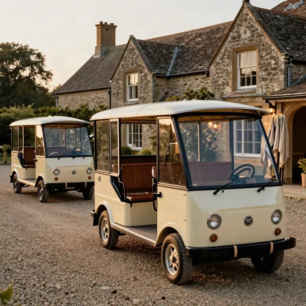 Two guest shuttles ready at a country venue drive with umbrellas and ribboned curb markers.