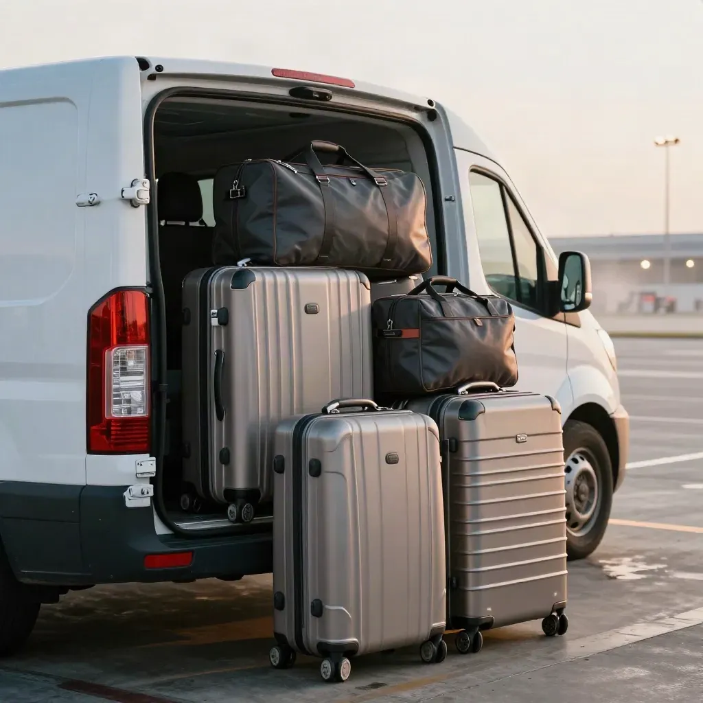 White shuttle van with stacked luggage at an airport pickup bay in cool dawn mist.
