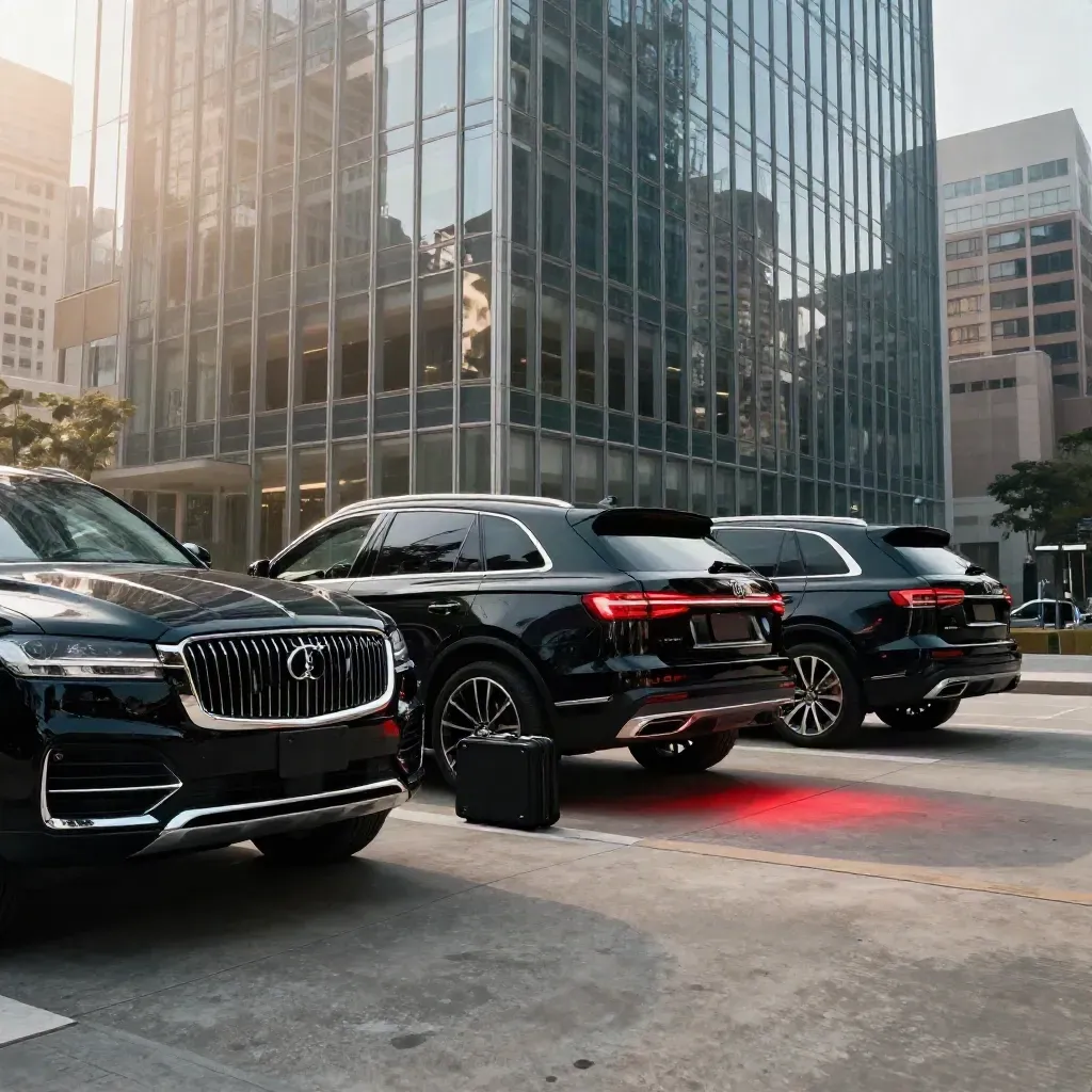 Three black SUVs and a rolling case outside a downtown tower, taillights glowing on pavement.