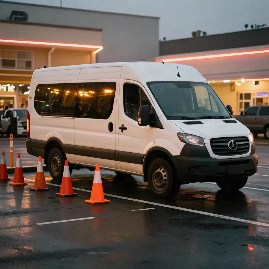 Shuttle van waiting by cones outside a music venue at night