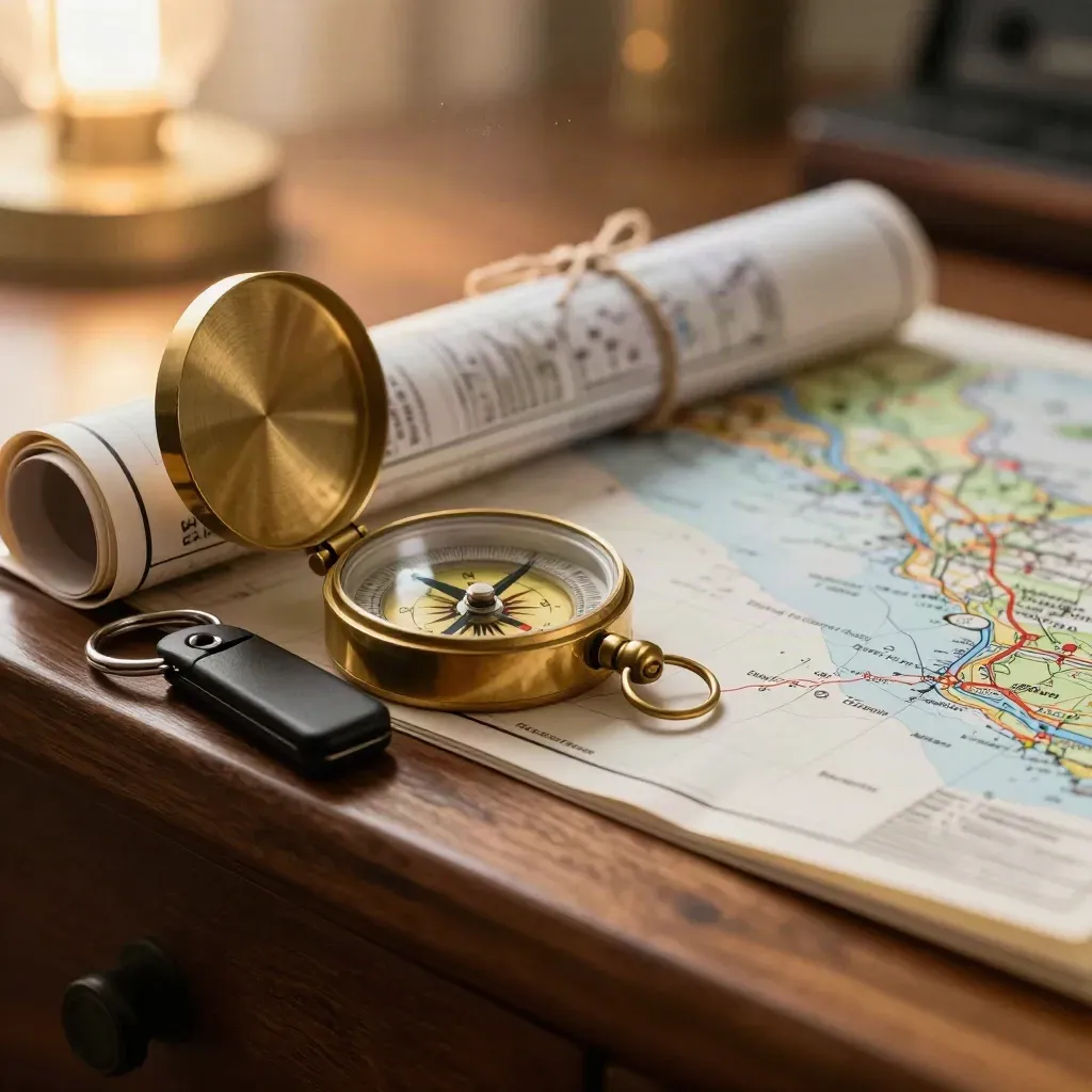 Brass compass, key fob, coastal chart tube and route-pin box on a timber desk in warm lamp light.