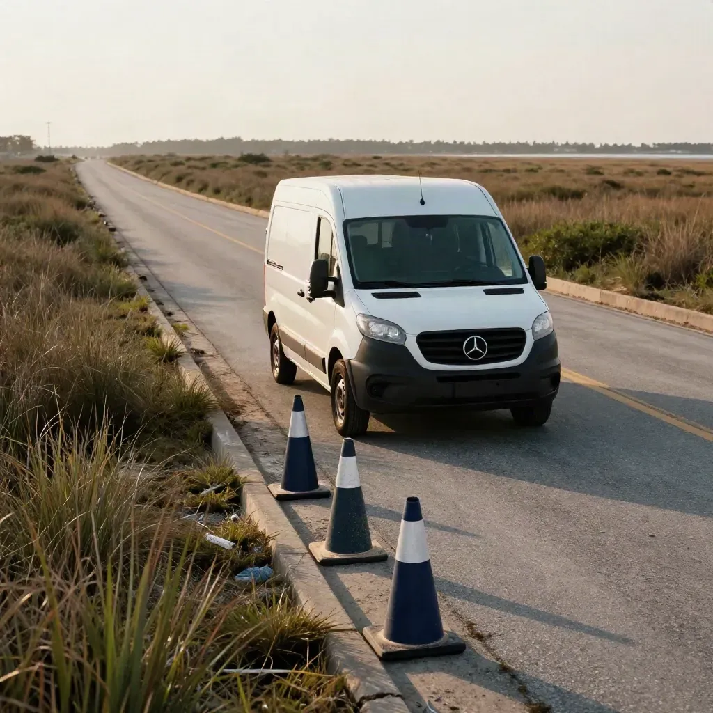 White shuttle van with three cones on a marsh causeway at golden hour, empty and finished