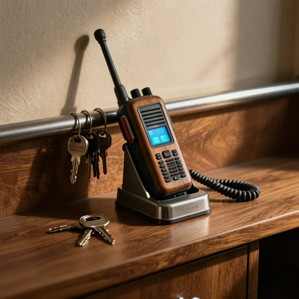 Radio handset, key rings, and glowing status puck on a walnut dispatch ledge.