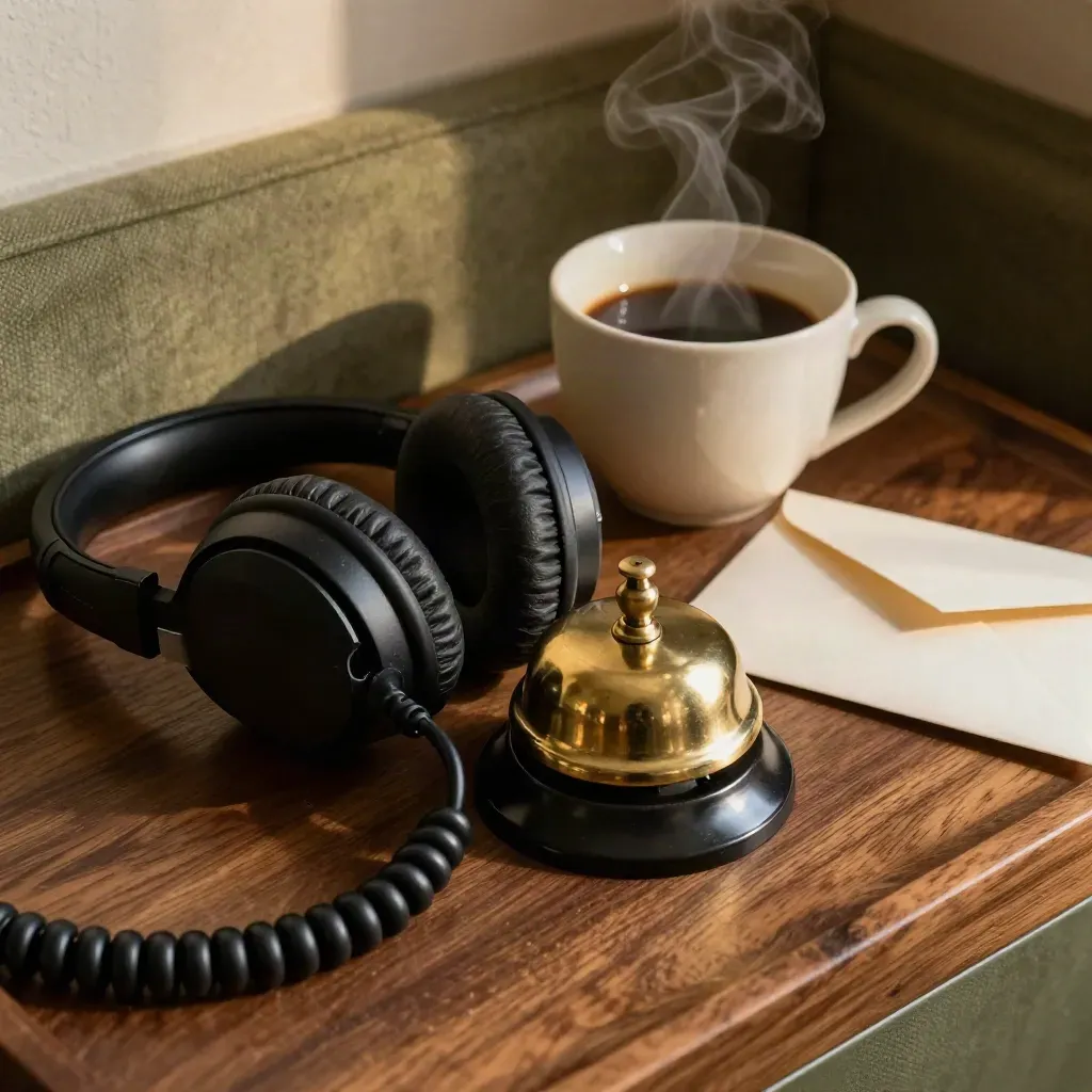 Brass call bell, corded headset, steaming cup and envelope on a walnut tray