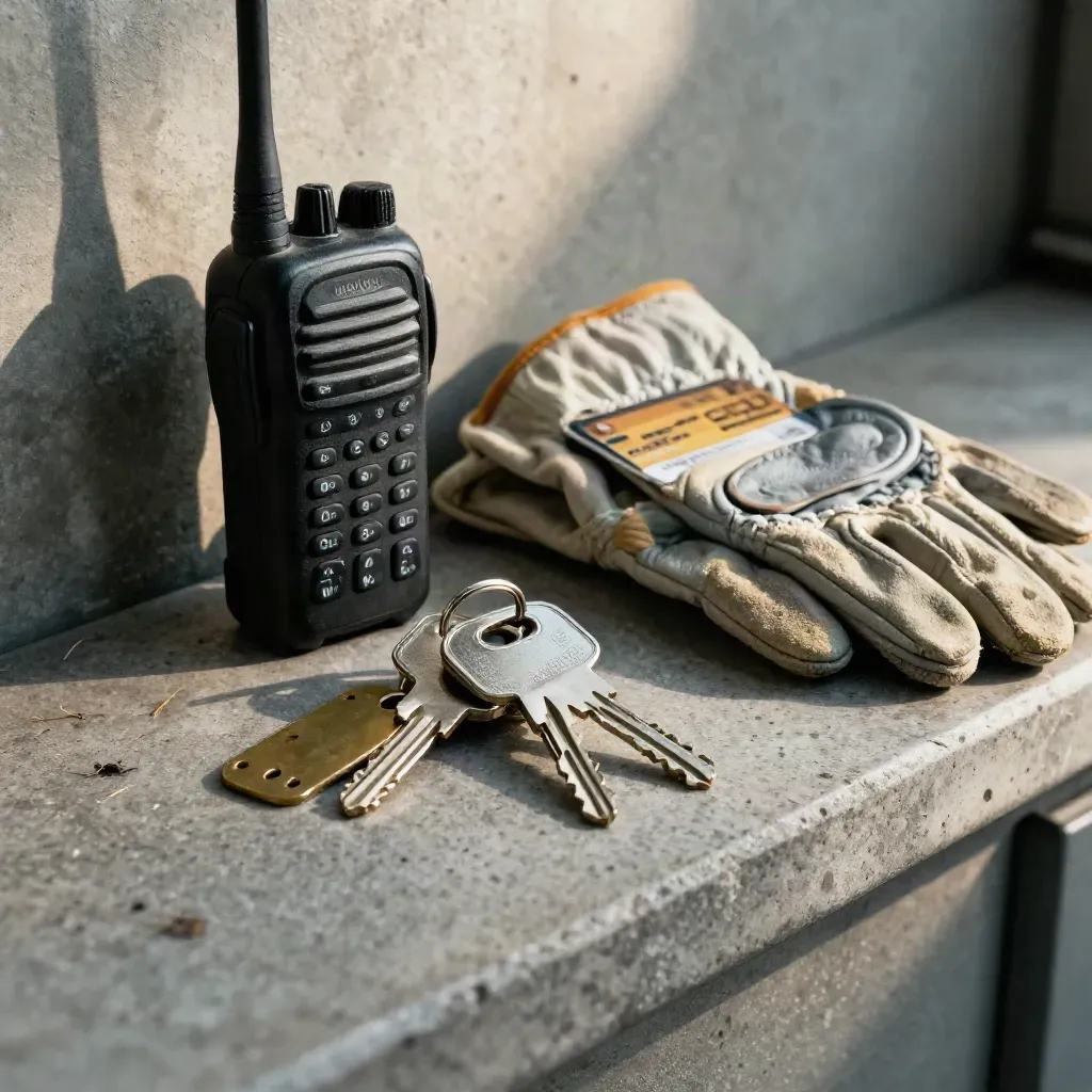Keys, walkie-talkie, fuel sleeve, and gloves on a stone counter in a garage