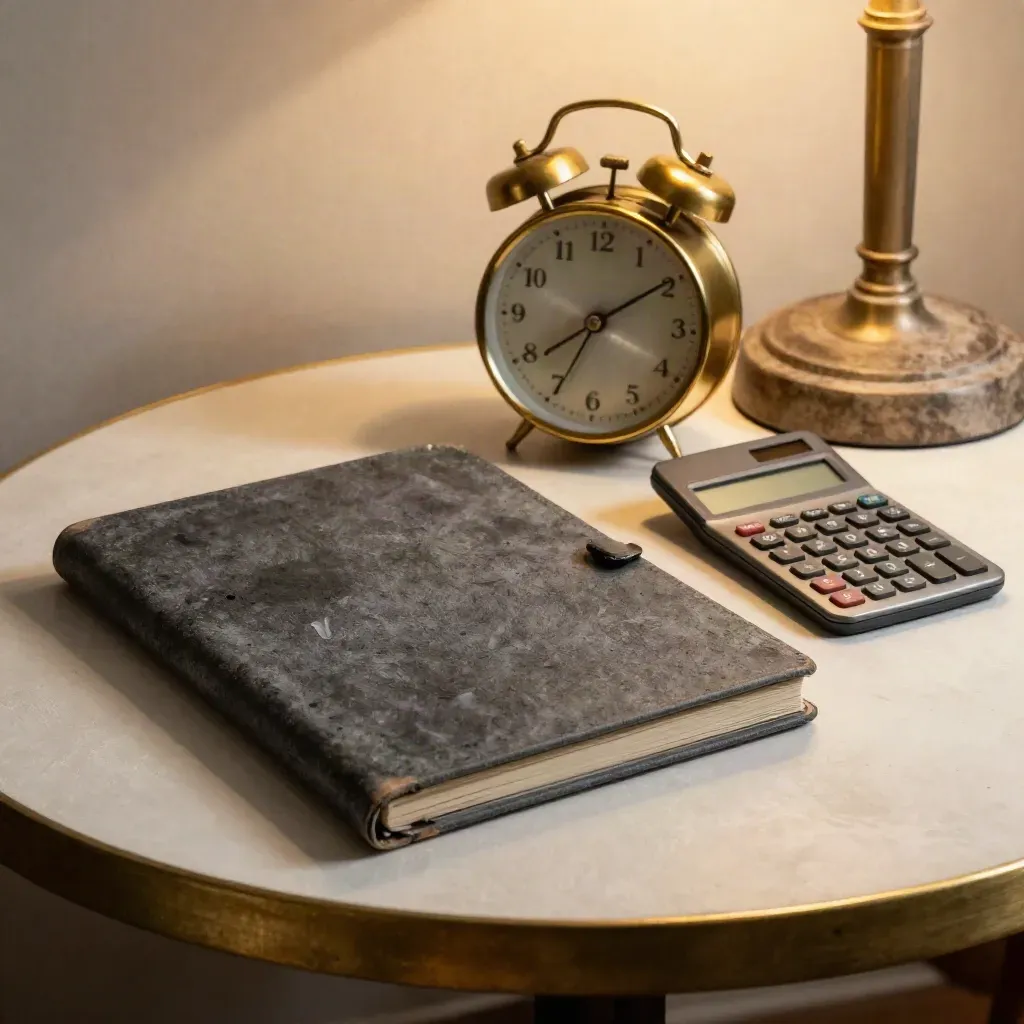 Closed estimate folder, brass clock and calculator beside a lamp base on a pale plaster surface.