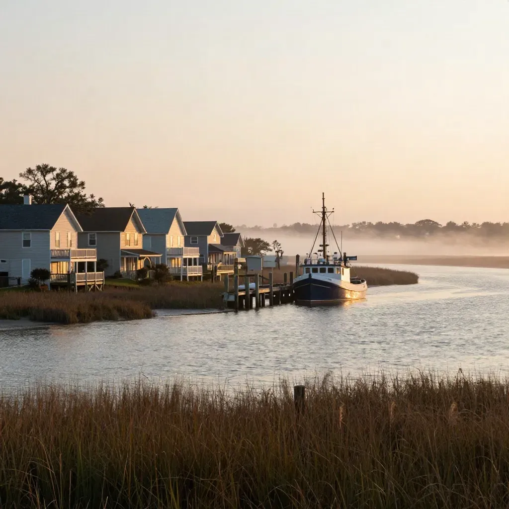 Golden sunrise over Charleston harbor with pastel homes, shrimp boat mast, and marsh