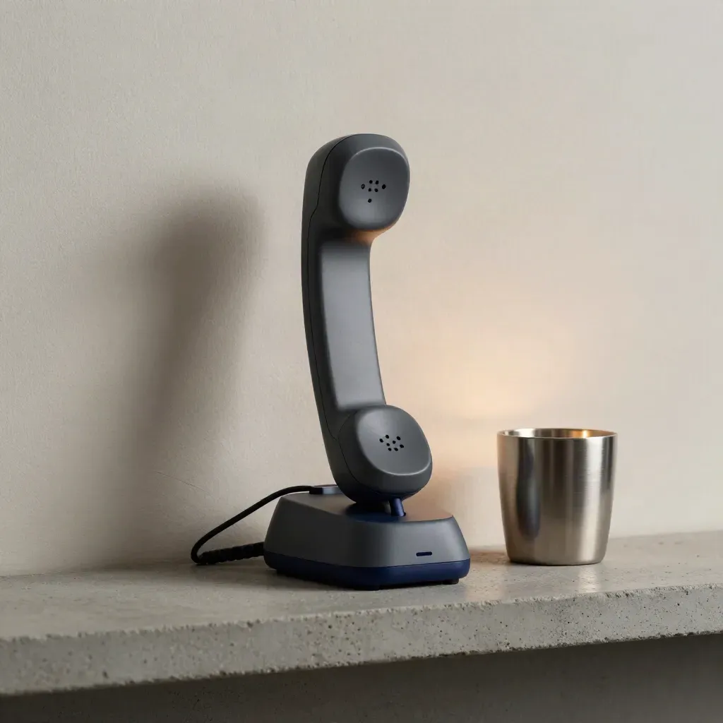 Handset in dock with beacon lamp and metal cup on a concrete shelf
