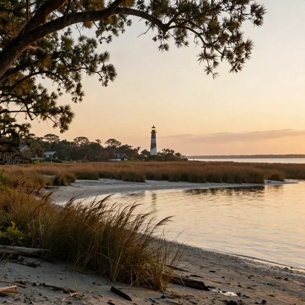Hilton Head lighthouse above marsh grass at sunset with soft haze