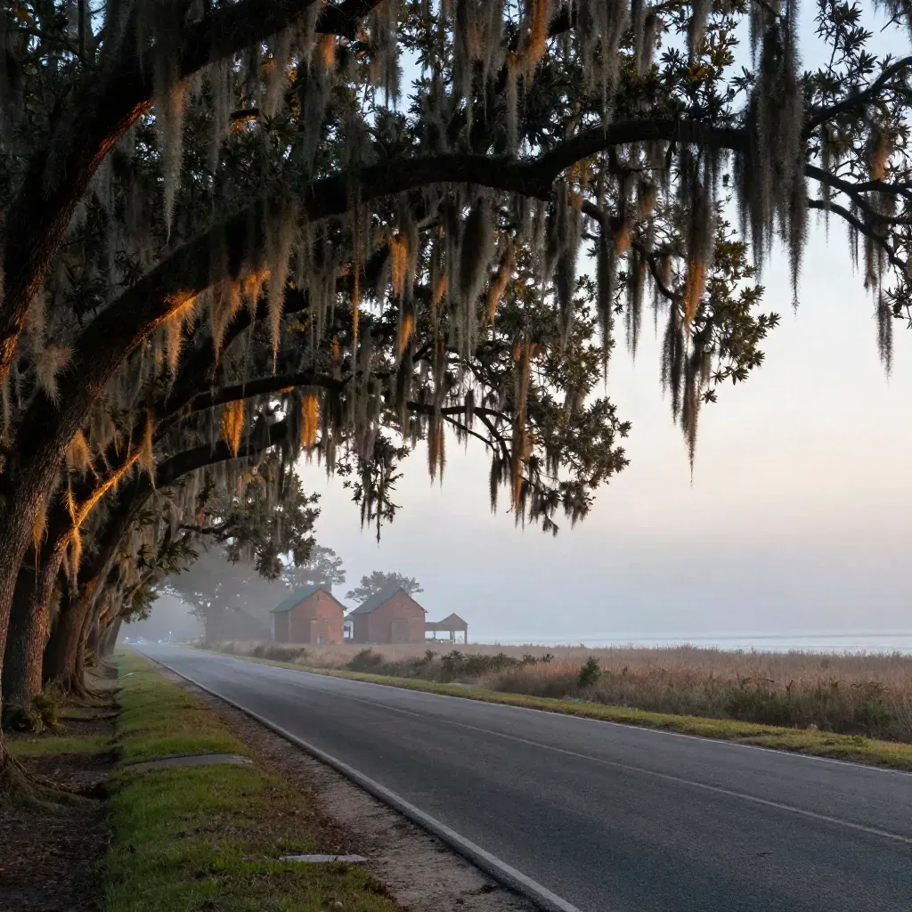 Spanish moss oaks arch over an old coastal road with distant brick mills in warm haze
