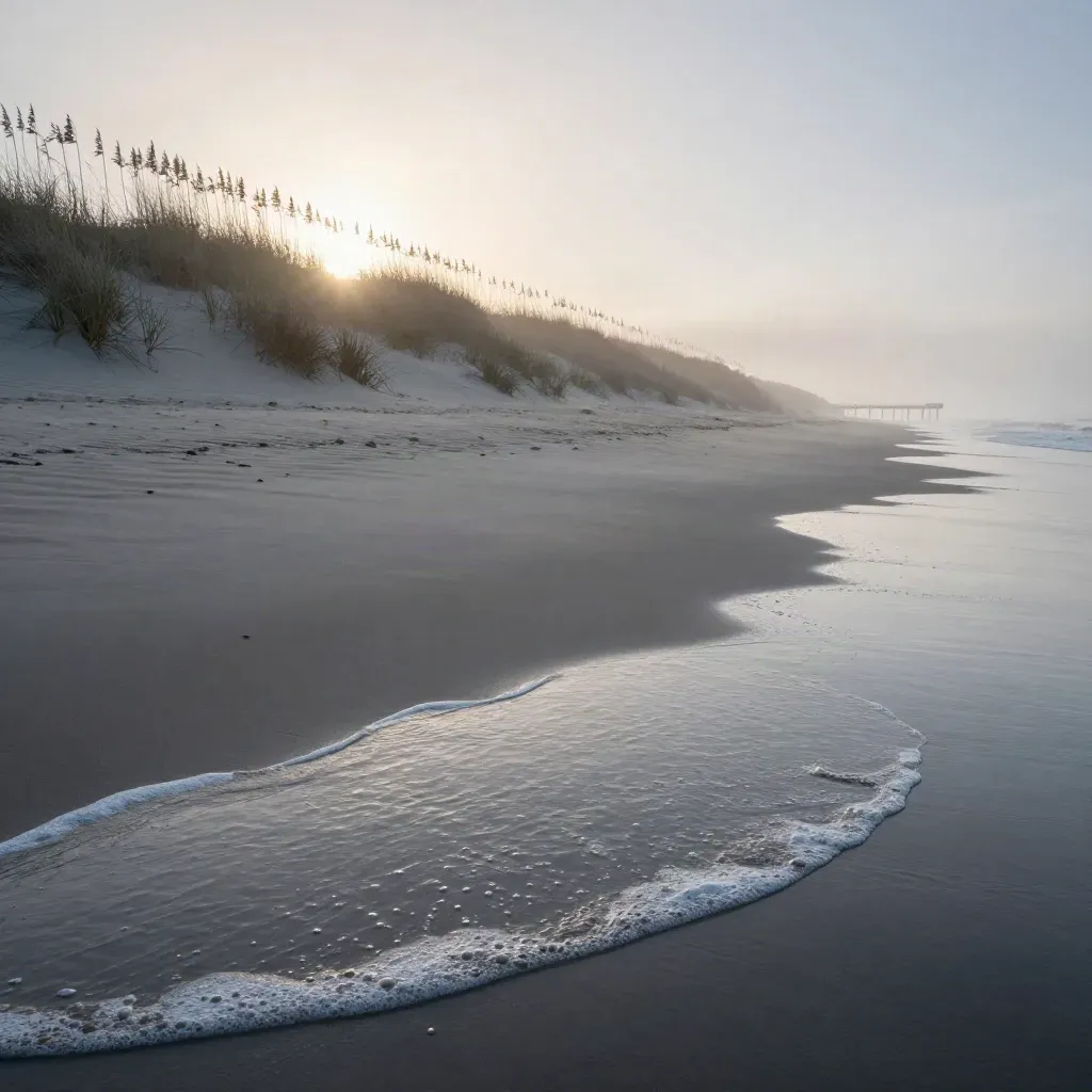 Dawn beach with dune line, surf, wet sand and a distant pier silhouette