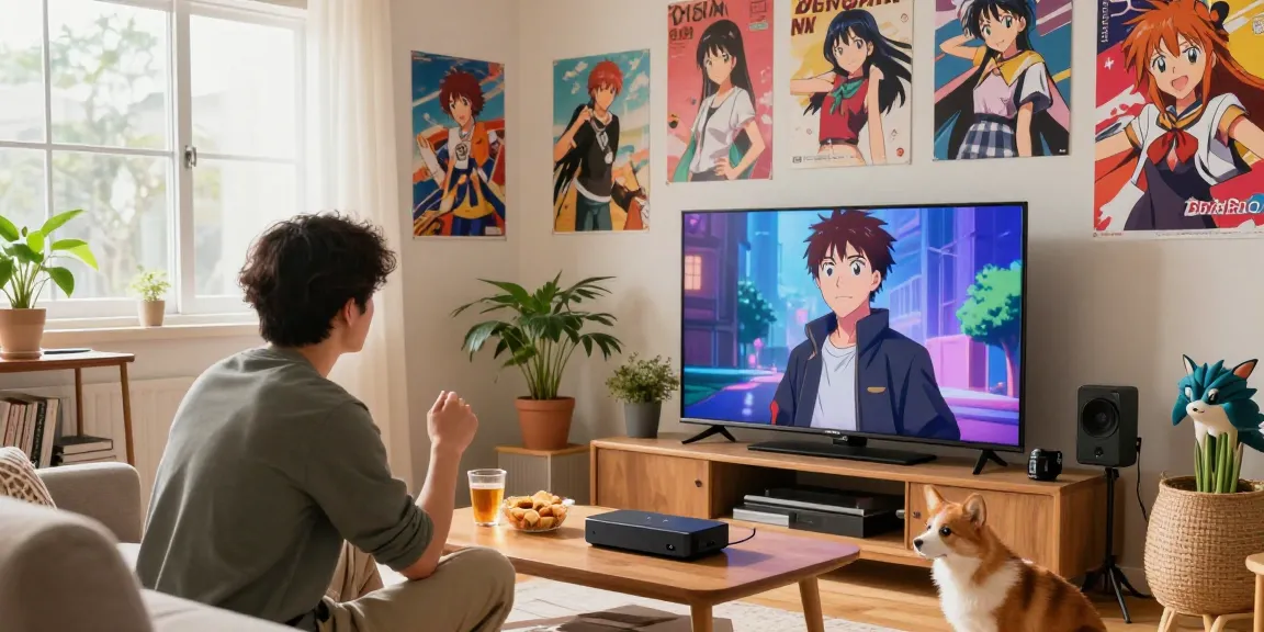 Anime fan enjoying high-quality streaming on https://animehay.zip/ with colorful decor and cozy atmosphere.