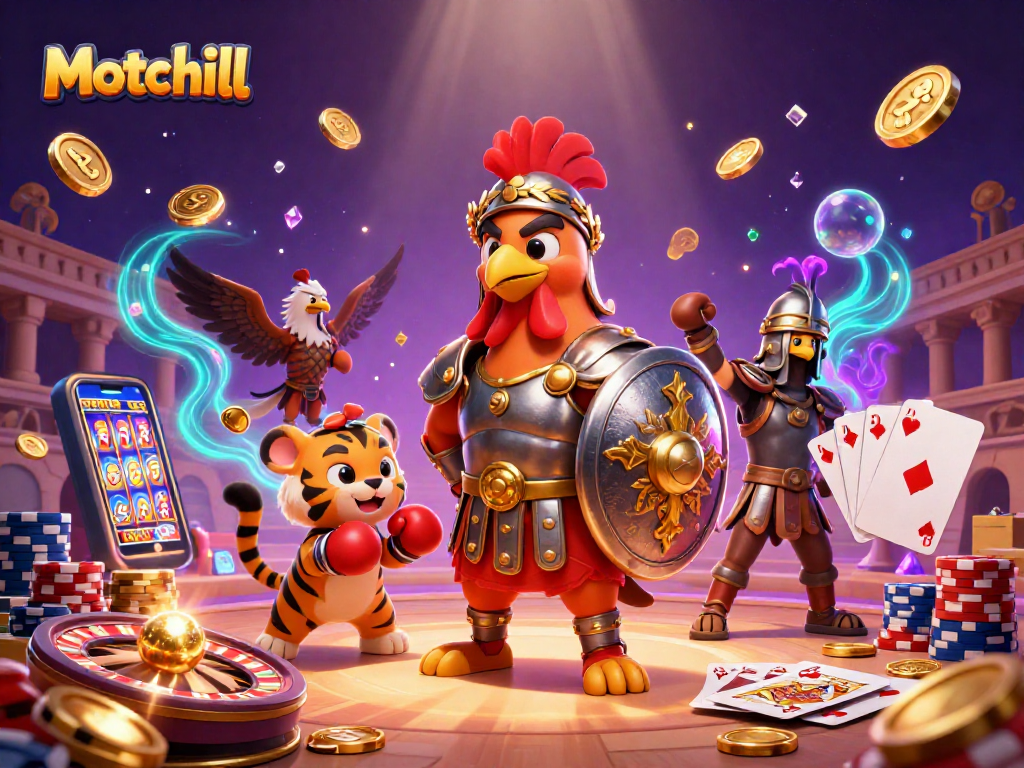 Experience thrilling gambling action with Motchill's stunning 3D casino illustration showcasing epic character dynamics and vibrant game elements.