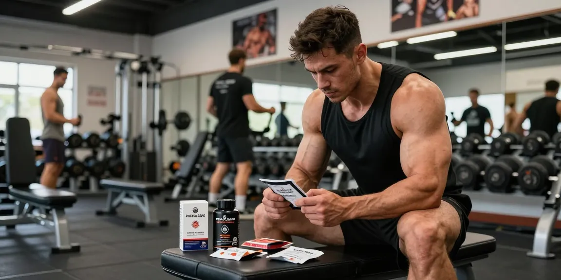 Astera Shop showcasing fitness athlete with steroid products in a modern gym.