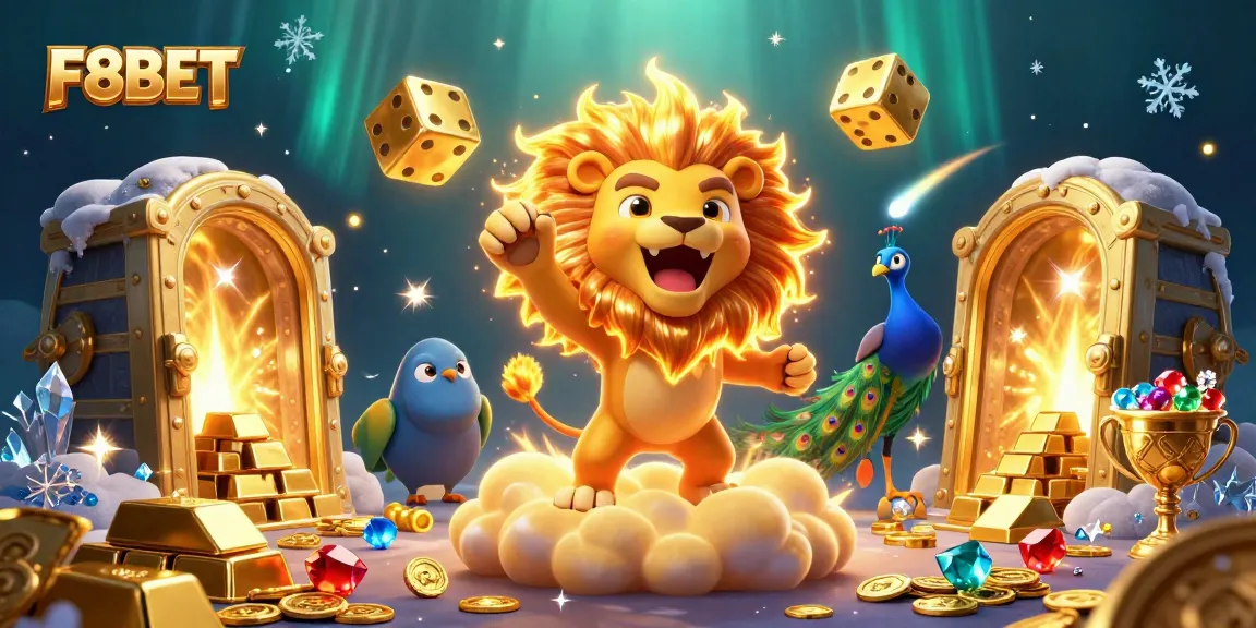 Experience thrilling gameplay at F8BET with dazzling gems and golden treasures surrounding a roaring lion.