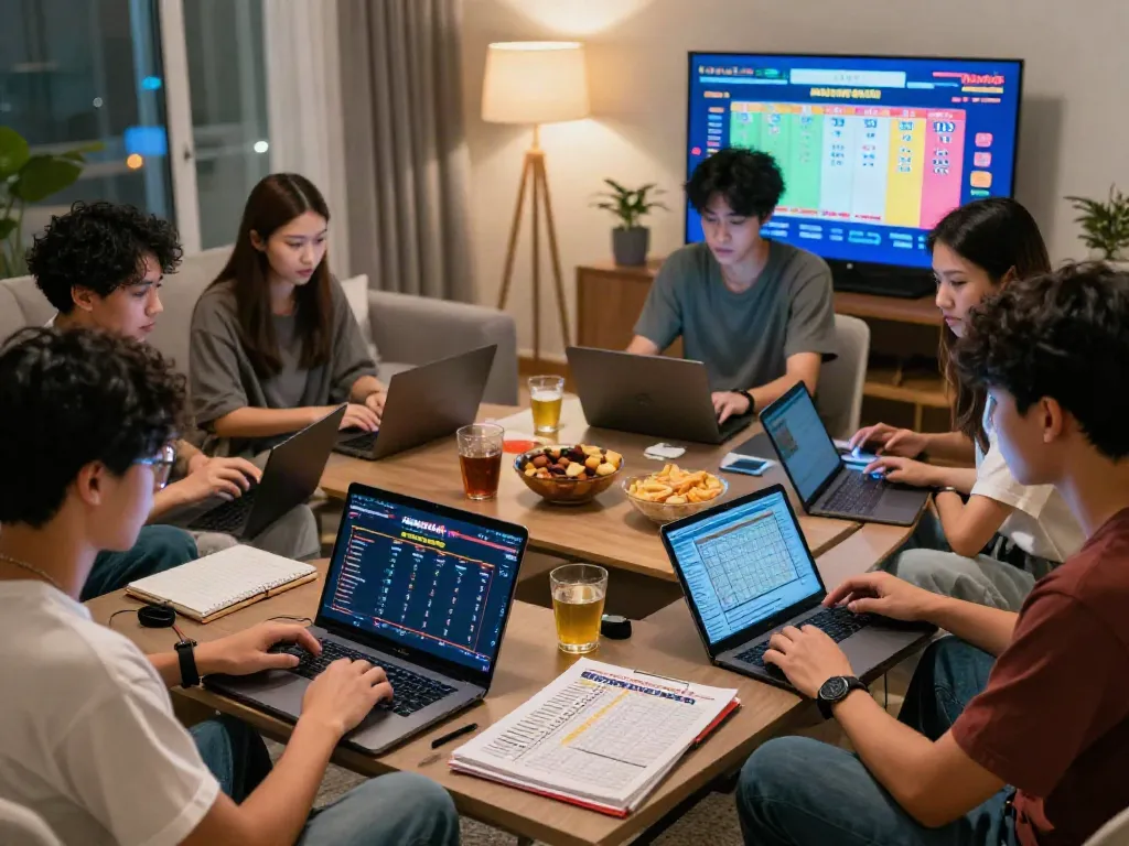 Friends engaged in online gaming session for amanahtoto in a stylish living room, focused on togel results.