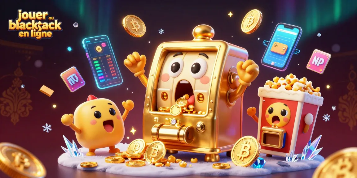 Jouez au blackjack en ligne avec une machine à sous qui remporte le jackpot, entourée de symboles de casino.