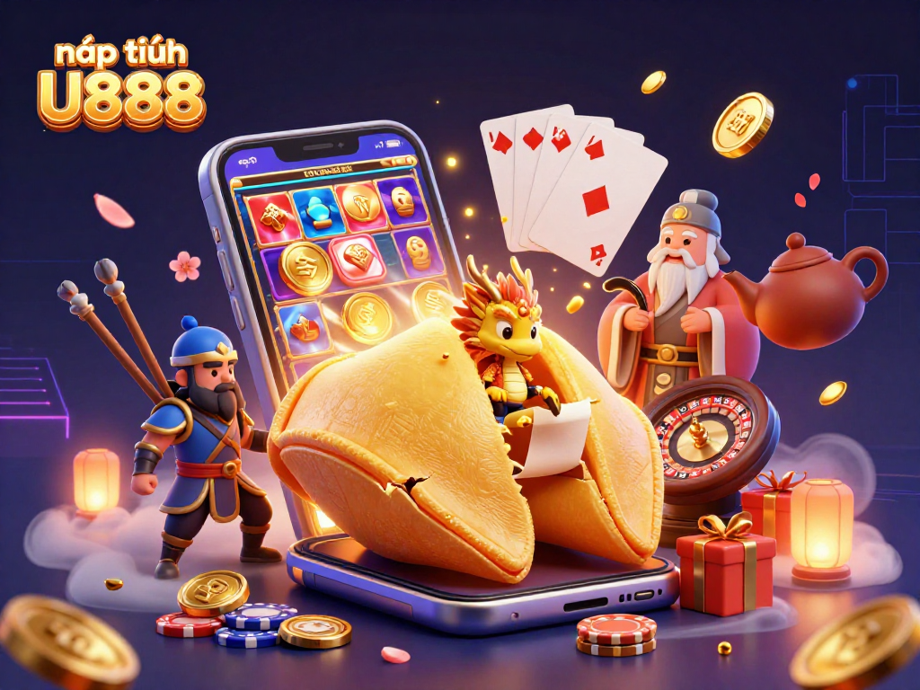 Experience excitement in nạp tiền U888 with a vibrant illustration showcasing casino elements and unique characters.