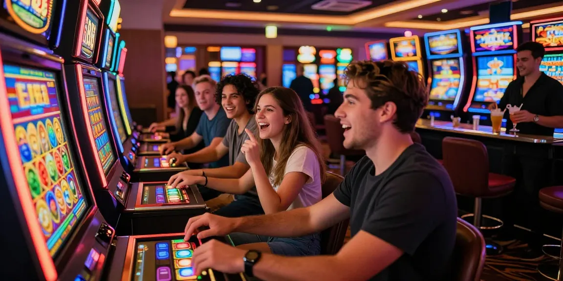 Excited friends playing slot88 in a vibrant casino setting filled with neon lights.